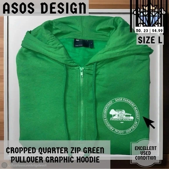 ASOS DESIGN MENS CROPPED QUARTER ZIP GREEN PULLOVER SIZE LARGE RETRO LOGO - Picture 2 of 9
